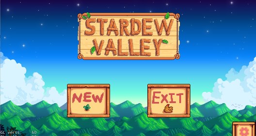 Stardew Valley title screen with New and Exit buttons over a pixel-art landscape